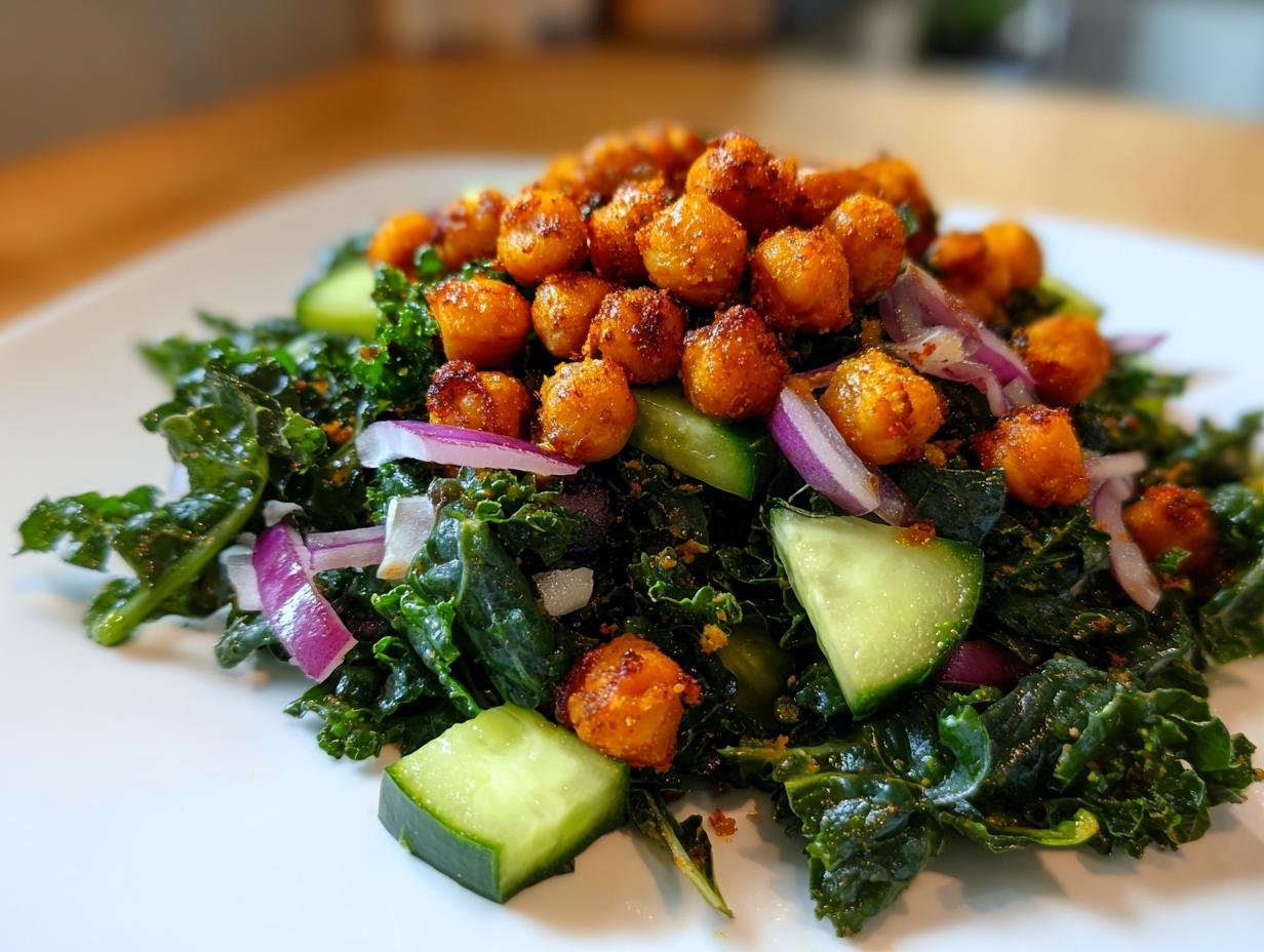 A vibrant serving of Healthy Loaded Kale Salad topped generously with spicy chickpeas, red onion, and cucumber slices.