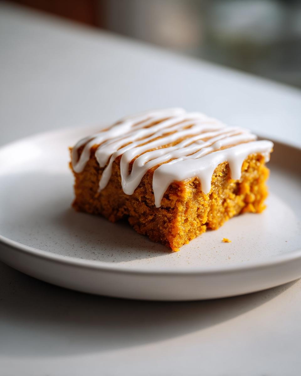 A single square of Irresistible Healthy Pumpkin Bars topped with a drizzle of white glaze, served on a light plate.