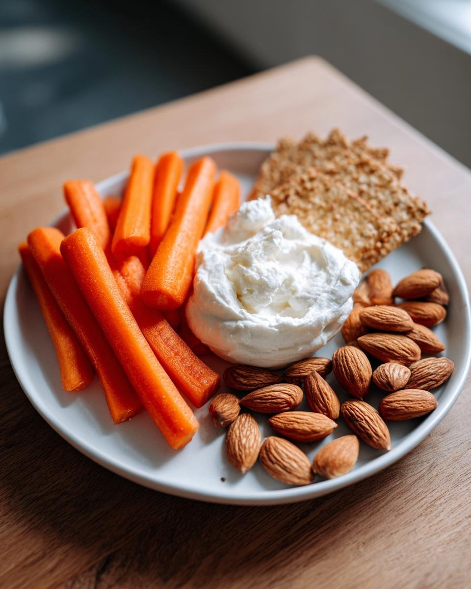 A plate featuring carrots, almonds, a dollop of white dip, and crackers, illustrating 7 healthy snacking tips.