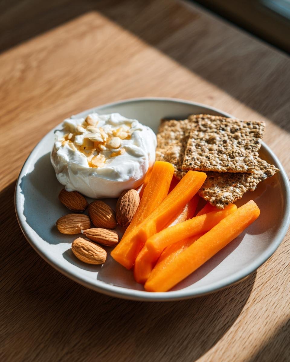 A plate showing healthy snacking options: carrot sticks, yogurt dip topped with nuts, almonds, and whole-grain crackers, illustrating 7 Healthy Snacking Tips.