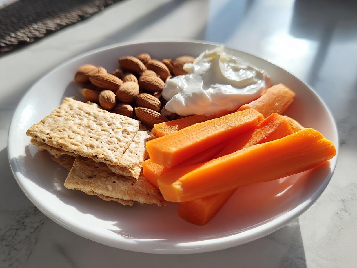 A plate showing components for healthy snacking tips: carrot sticks, whole almonds, crackers, and a dollop of yogurt dip.