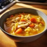Close-up of a bowl of Hearty Crockpot Chicken Soup Comfort In Every Bite, featuring shredded chicken, carrots, and egg noodles in broth.