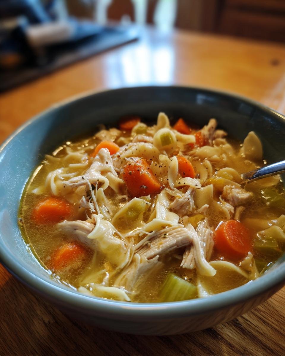 Close-up of a steaming bowl of Hearty Crockpot Chicken Soup, featuring shredded chicken, egg noodles, carrots, and celery.