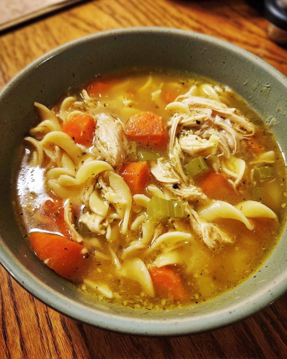 Close-up of Hearty Crockpot Chicken Soup with shredded chicken, egg noodles, carrots, and celery in broth.