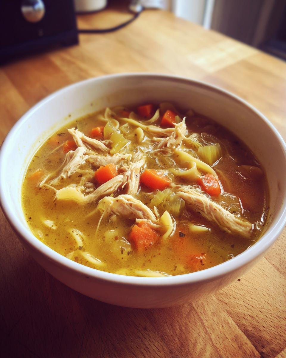 A close-up of a white bowl filled with Hearty Crockpot Chicken Soup, featuring shredded chicken, egg noodles, carrots, and celery in a rich broth.