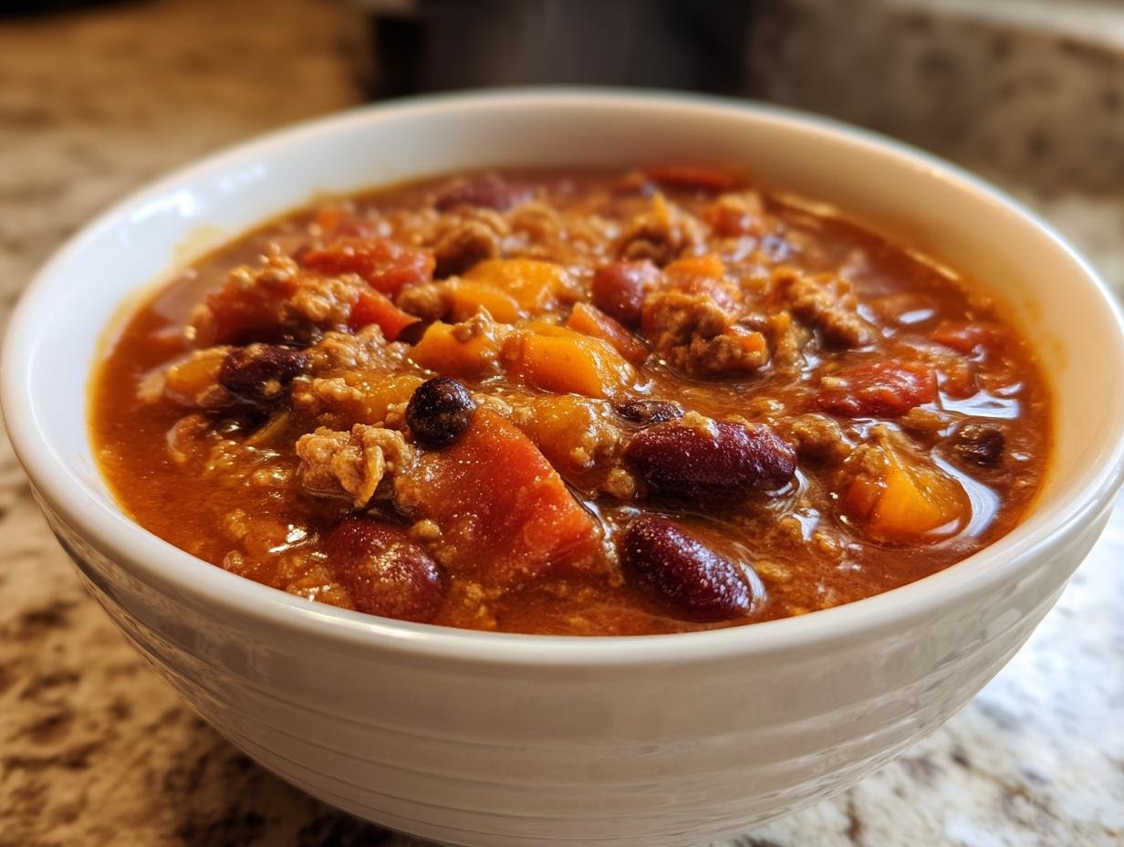 Close-up of a white bowl filled with Hearty Pumpkin Chili Recipe, showing ground meat, kidney beans, and chunks of orange pumpkin.