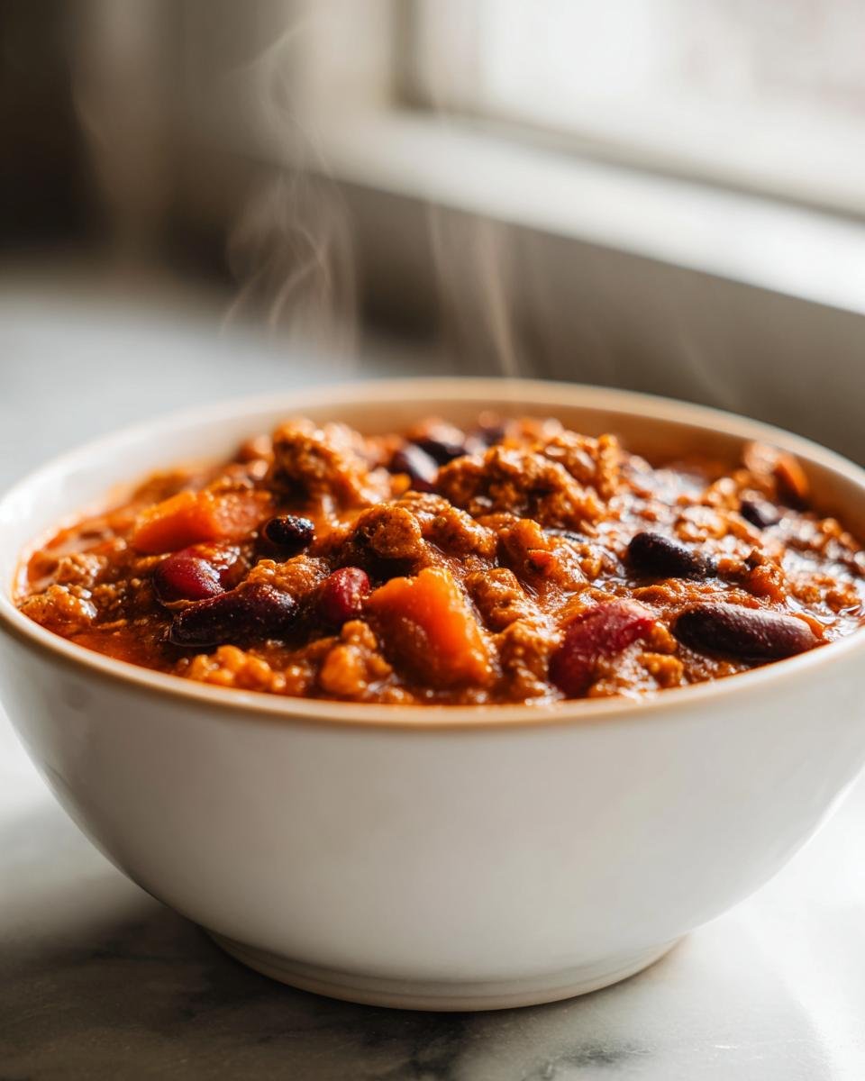 Close-up of a steaming white bowl filled with Hearty Pumpkin Chili Recipe, showing beans and chunks of pumpkin.