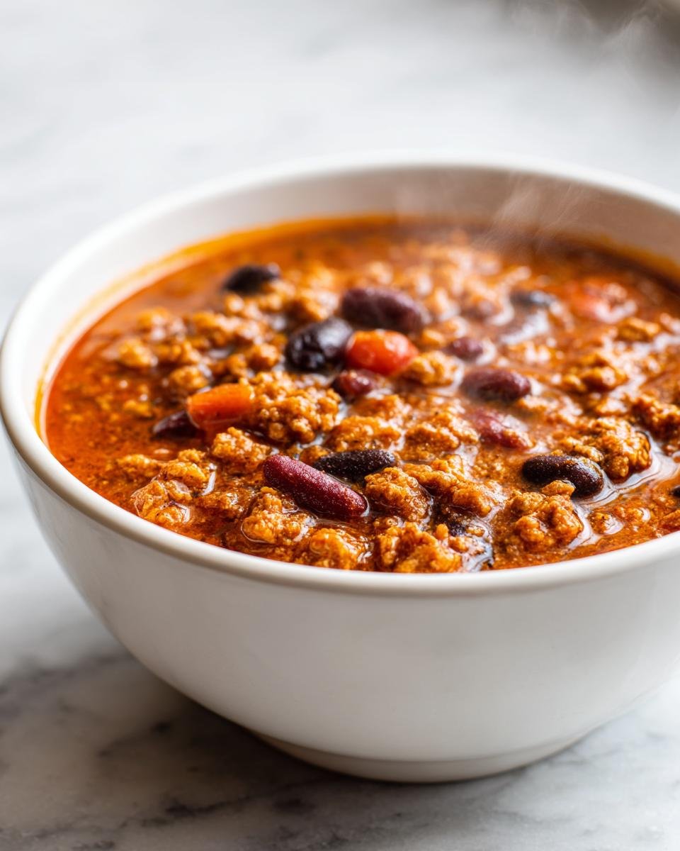 Close-up of a steaming bowl filled with Hearty Pumpkin Chili Recipe, showing ground meat and kidney beans in a rich, orange-red sauce.