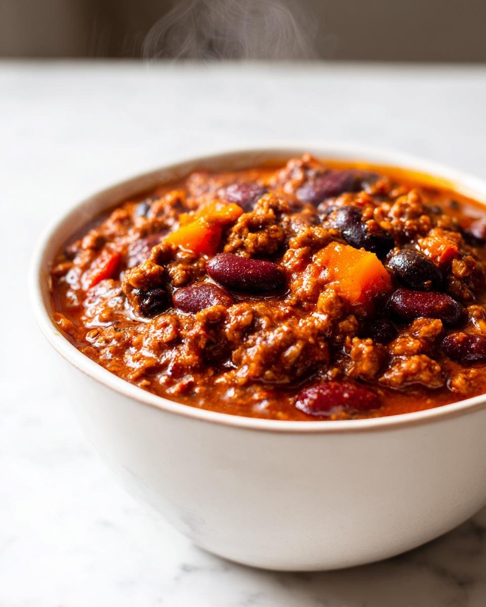 Close-up of a steaming white bowl filled with rich, hearty pumpkin chili recipe, showing ground meat, kidney beans, and chunks of orange pumpkin.
