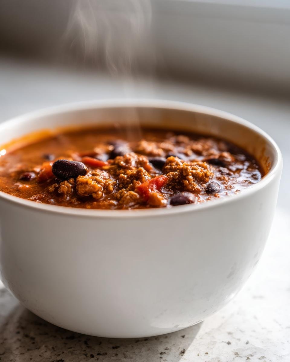 Close-up of a steaming white bowl filled with rich, hearty pumpkin chili recipe featuring ground meat and black beans.