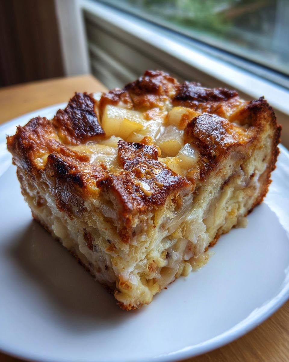 A square slice of Heavenly Cardamom Pear Bread Pudding Recipe Delight with a caramelized top.