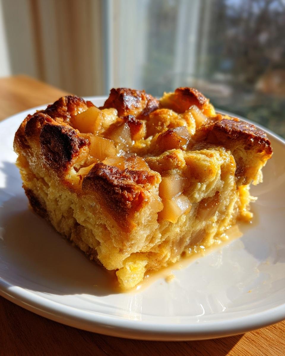 A golden-brown slice of Heavenly Cardamom Pear Bread Pudding Recipe, glistening with syrup on a white plate.