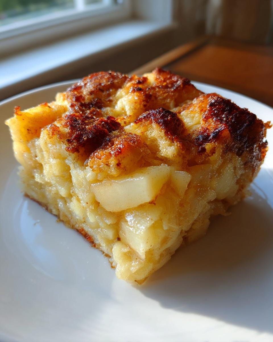 A close-up of a serving of Heavenly Cardamom Pear Bread Pudding Recipe Delight with a caramelized top.