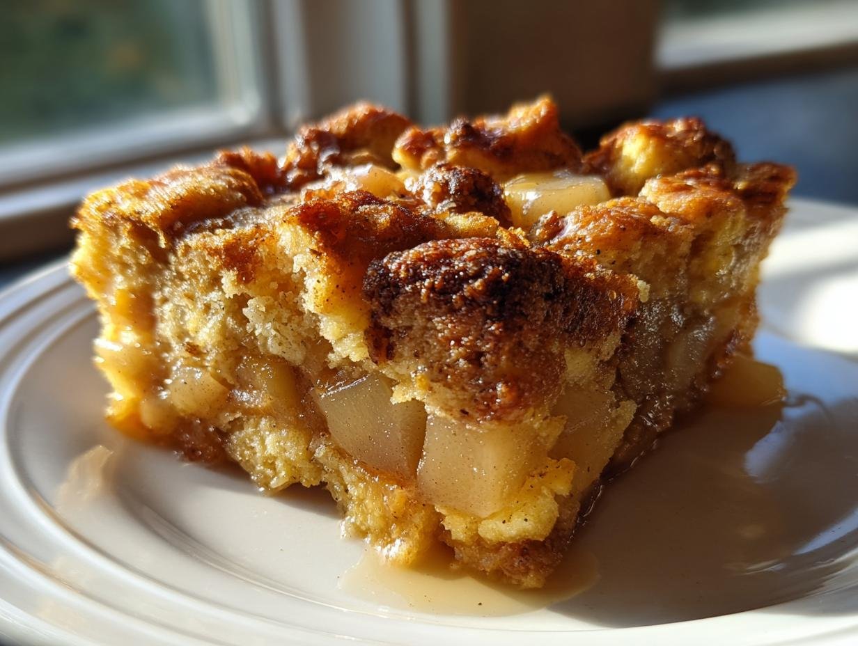 Close-up of a slice of Heavenly Cardamom Pear Bread Pudding Recipe Delight, showing soft bread soaked in custard with chunks of pear.