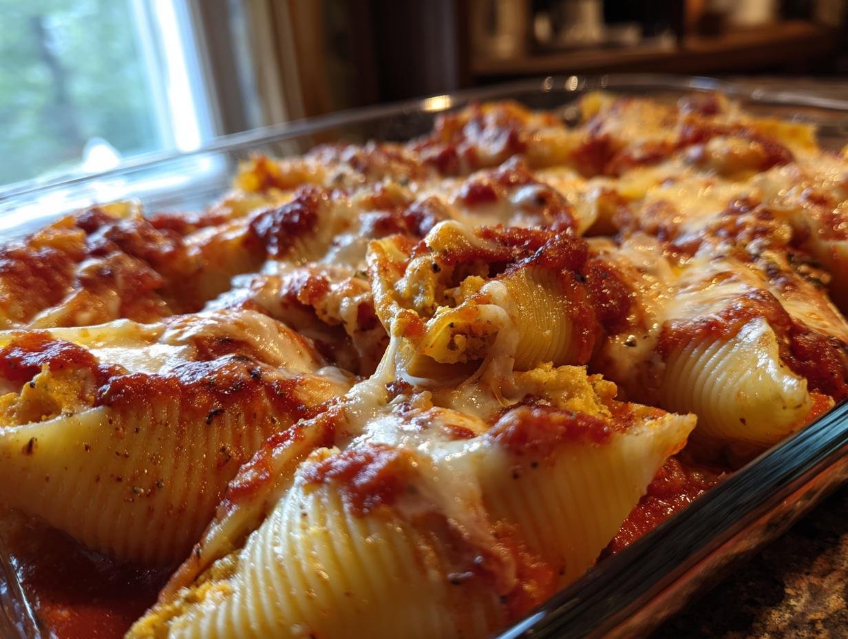 Close-up of baked Heavenly Pumpkin Gouda Stuffed Shells Recipe Delight covered in melted cheese and tomato sauce.