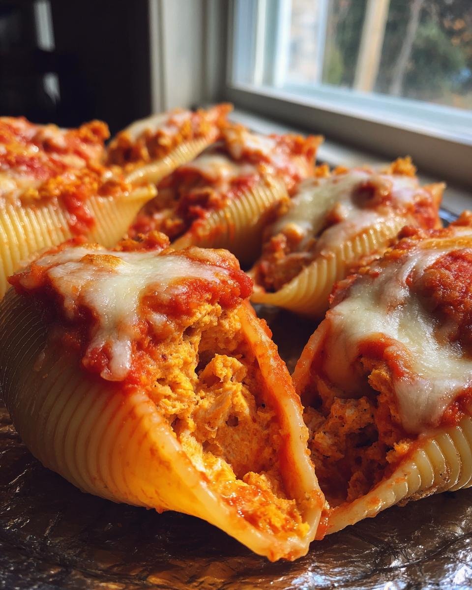A close-up of baked stuffed pasta shells filled with orange pumpkin gouda mixture, topped with marinara sauce and melted cheese, part of the Heavenly Pumpkin Gouda Stuffed Shells Recipe Delight.