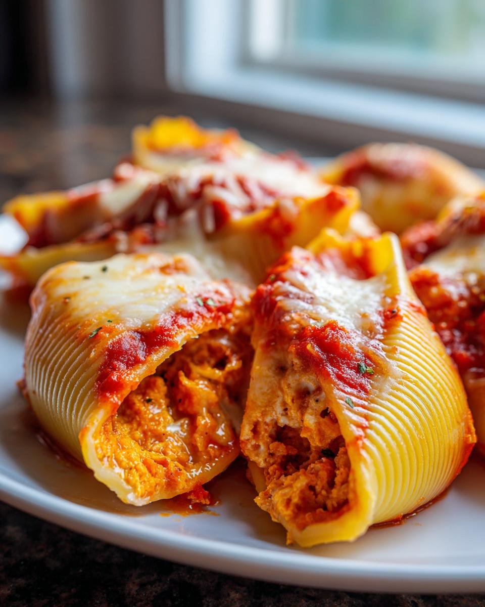 Close-up of Heavenly Pumpkin Gouda Stuffed Shells Recipe Delight, showing the orange filling inside a pasta shell topped with melted cheese and sauce.