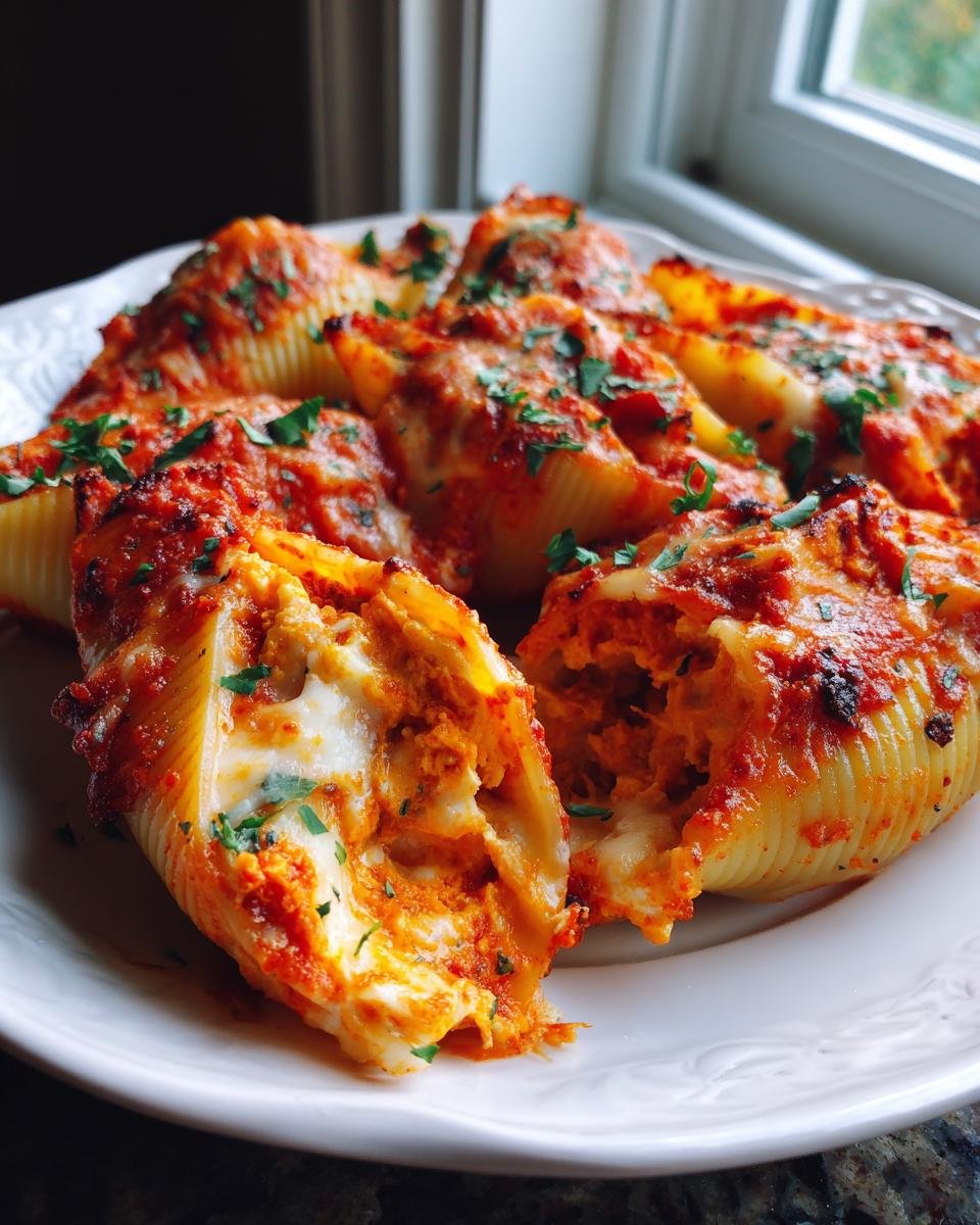 Close-up of baked stuffed shells filled with pumpkin and Gouda cheese, covered in marinara sauce.
