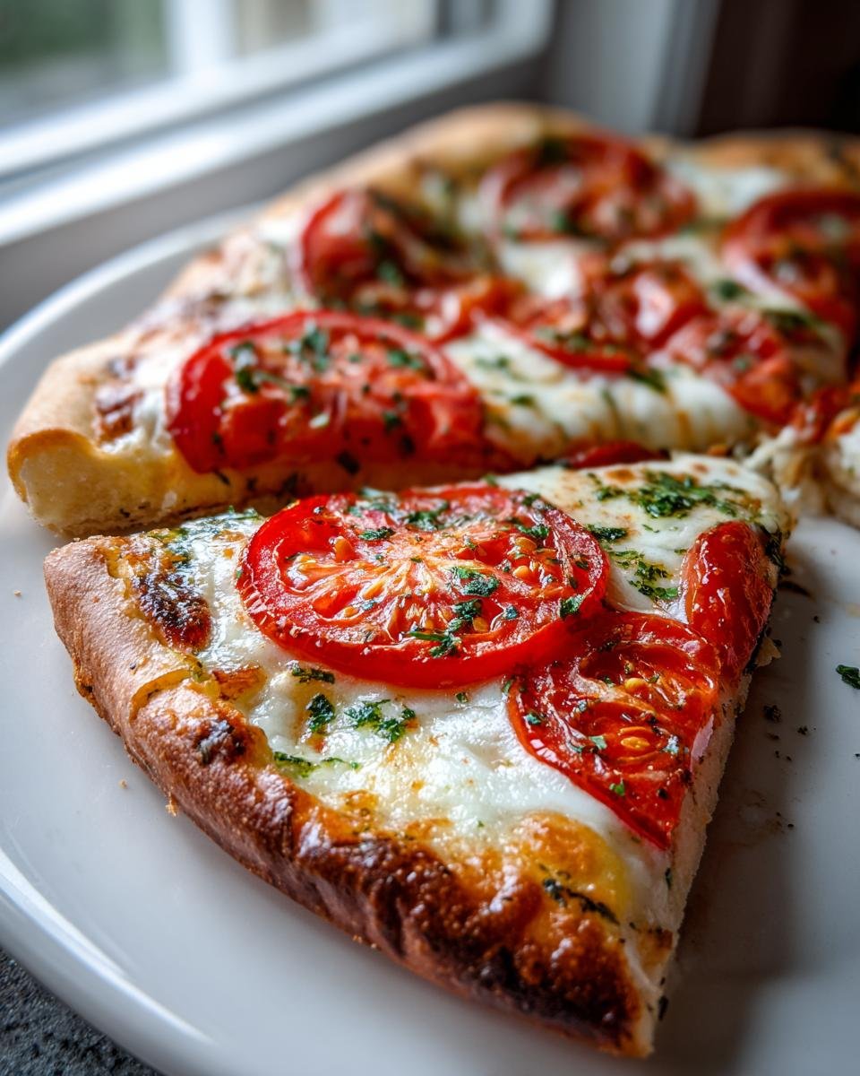 Close-up of a slice of Herbed Butter Tomato Pizza featuring melted mozzarella, bright red tomato slices, and green herbs.