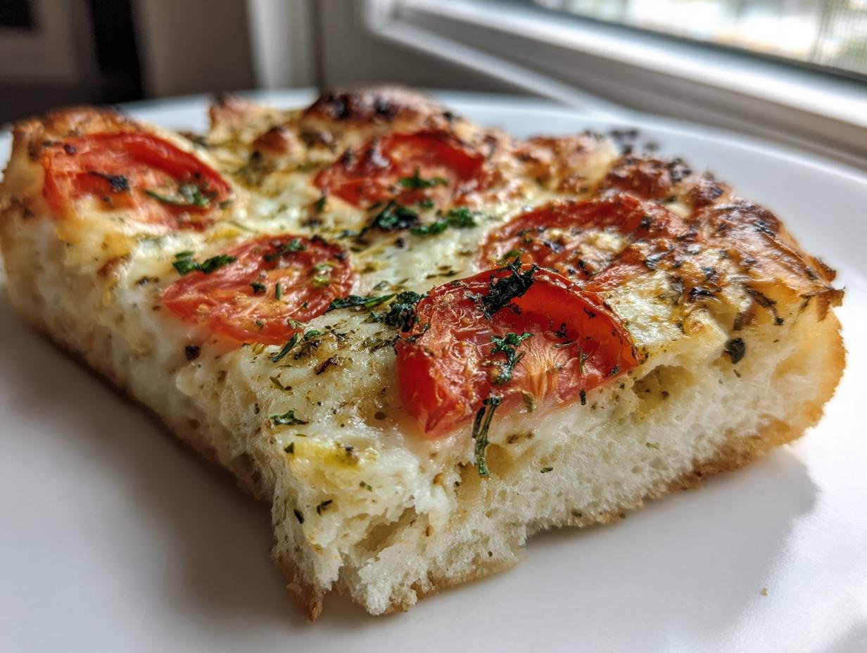 Close-up of a thick slice of Herbed Butter Tomato Pizza showing the fluffy crust, melted cheese, and roasted tomato slices.