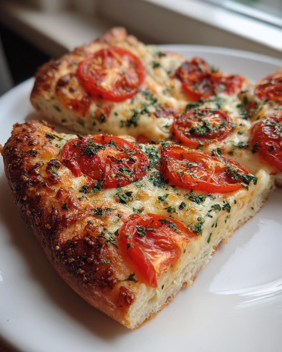 Close-up of two thick slices of Herbed Butter Tomato Pizza topped with melted cheese, roasted tomatoes, and fresh parsley.