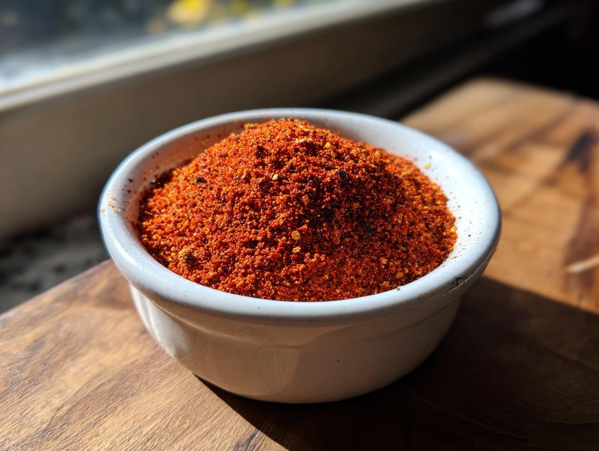A white bowl filled high with vibrant red Homemade Cajun Seasoning mix sitting on a wooden surface.
