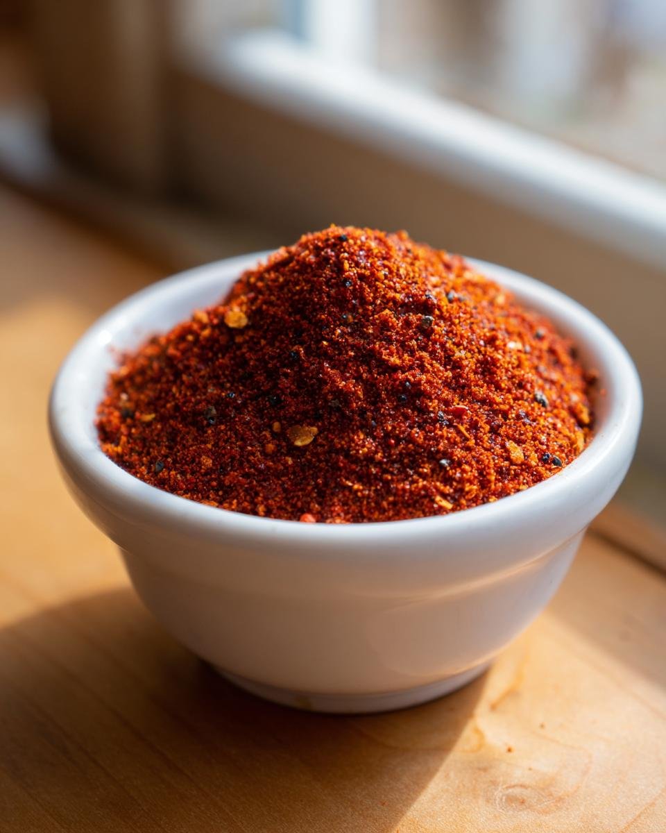 Close-up of bright red Homemade Cajun Seasoning piled high in a small white bowl.