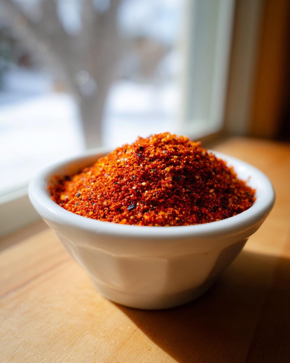 A close-up of a mound of vibrant red Homemade Cajun Seasoning in a small white bowl.