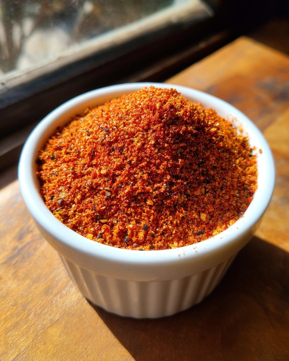 Close-up of a bright red mound of Homemade Cajun Seasoning piled high in a small white ramekin.