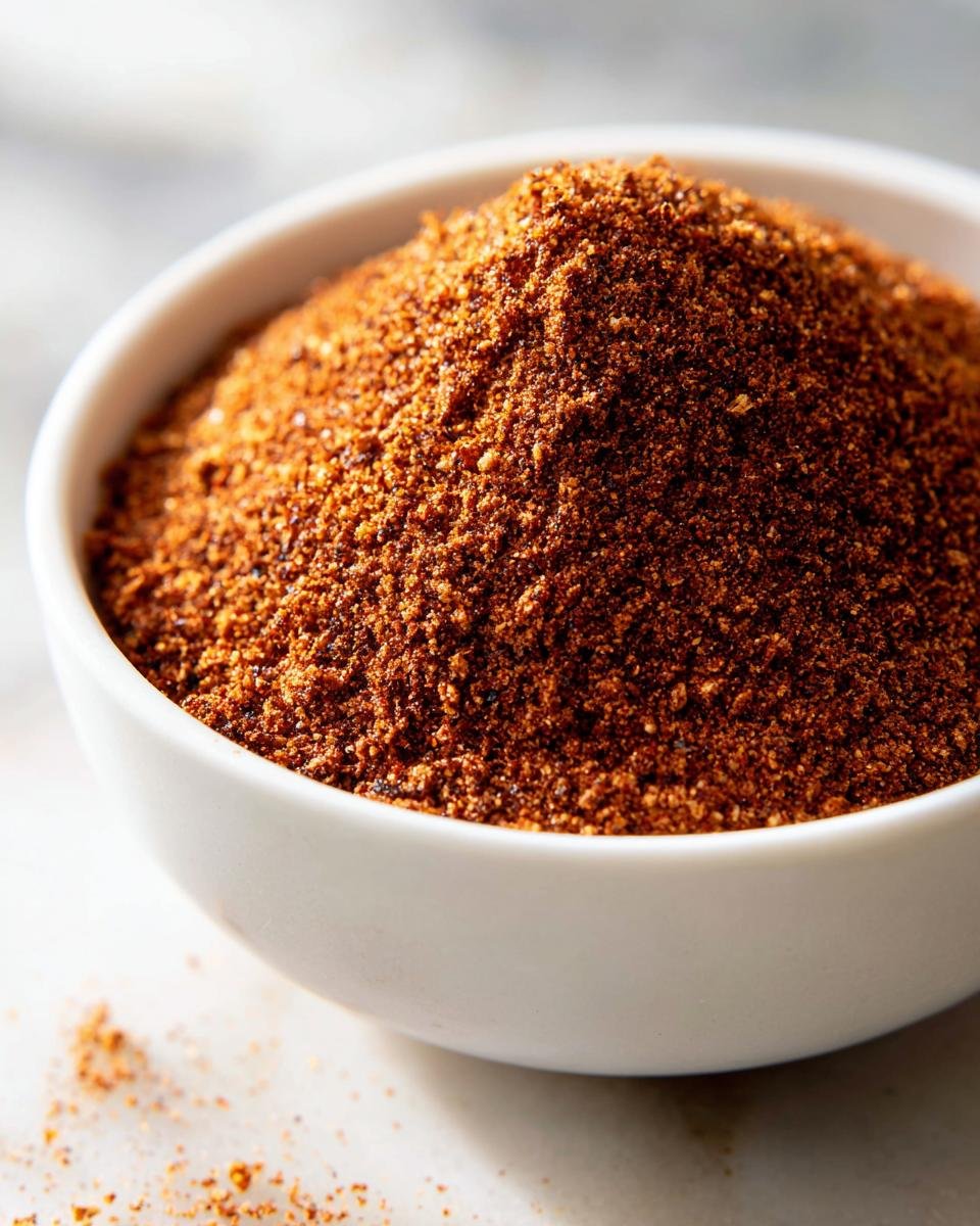 Close-up of rich, reddish-brown Homemade Jerk Dry Rub Seasoning piled high in a small white bowl.