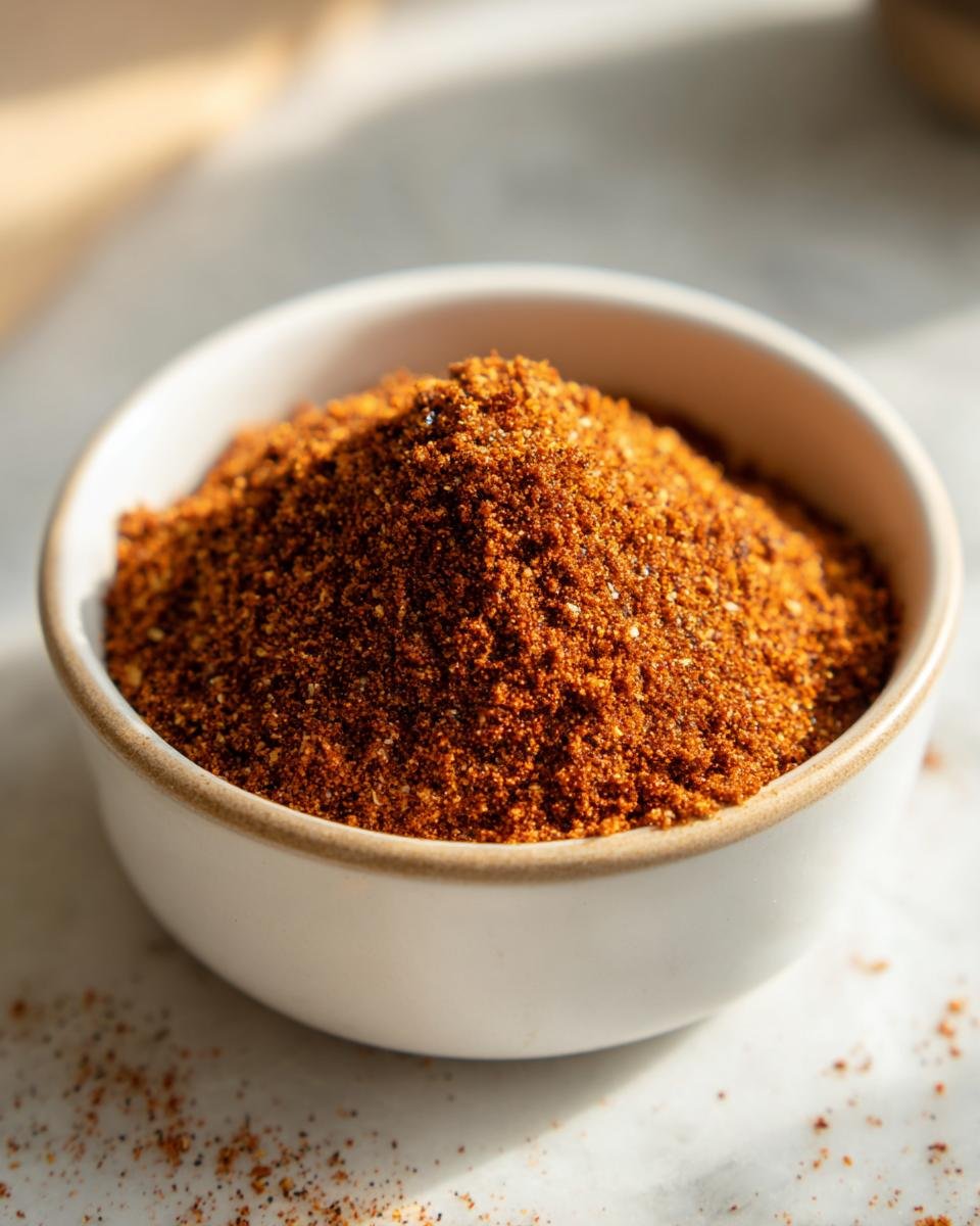 Close-up of vibrant, reddish-brown Homemade Jerk Dry Rub Seasoning piled high in a small white bowl.