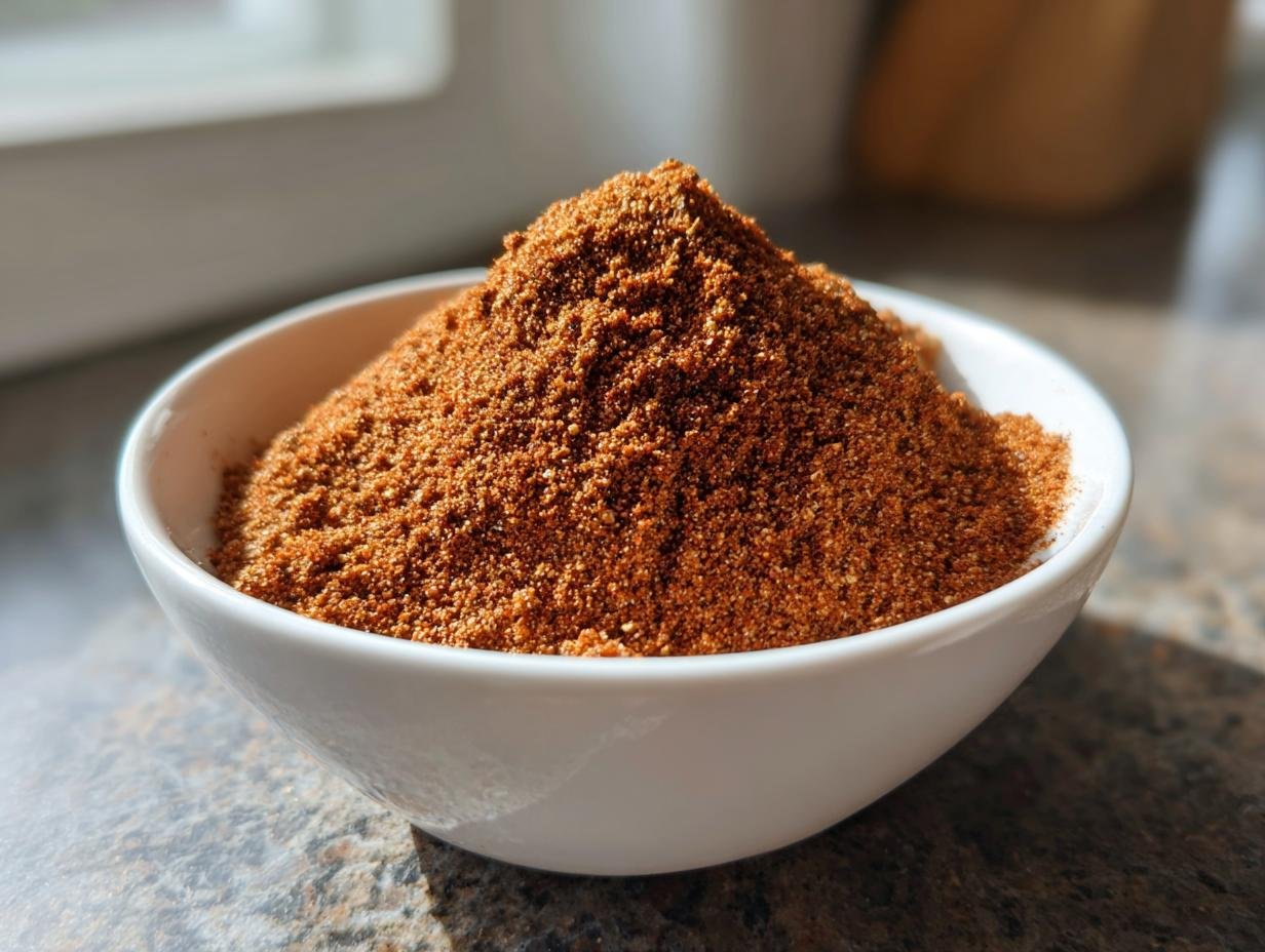 A mound of rich, reddish-brown Homemade Jerk Dry Rub Seasoning piled high in a small white bowl.