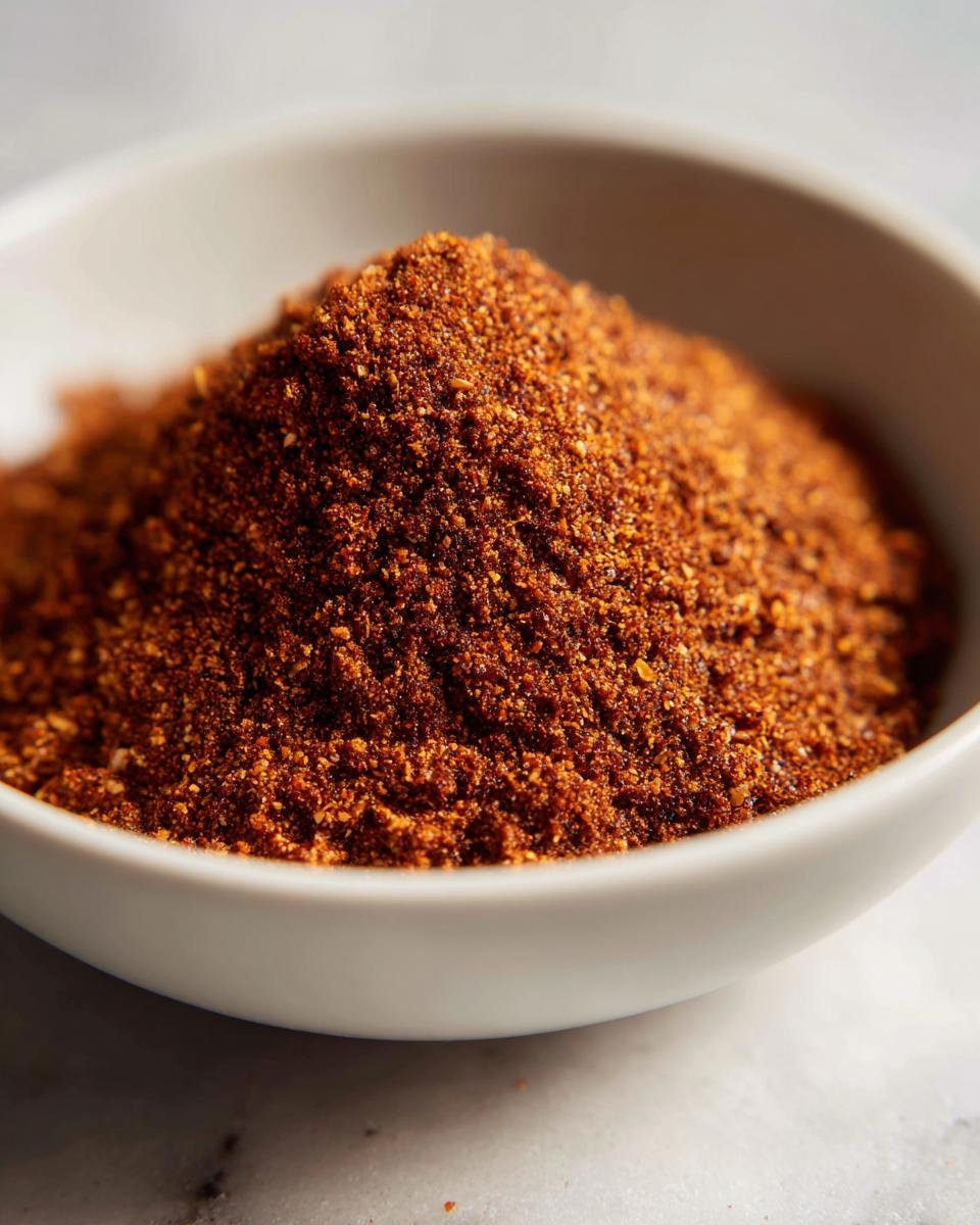 A close-up of a small white bowl filled with a rich, reddish-brown pile of Homemade Jerk Dry Rub Seasoning.