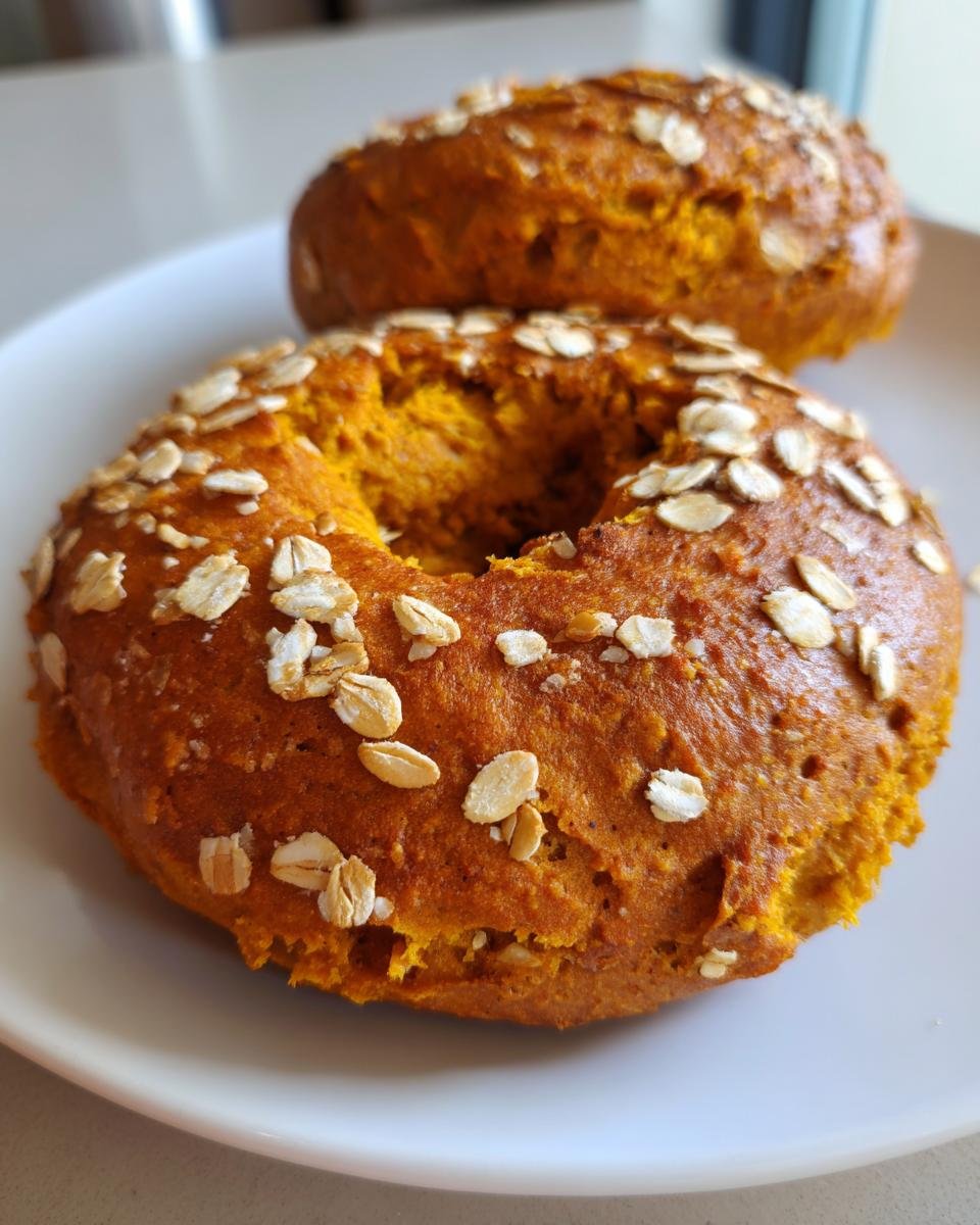 Two freshly baked Homemade Pumpkin Oat Bagels topped with rolled oats, resting on a white plate.