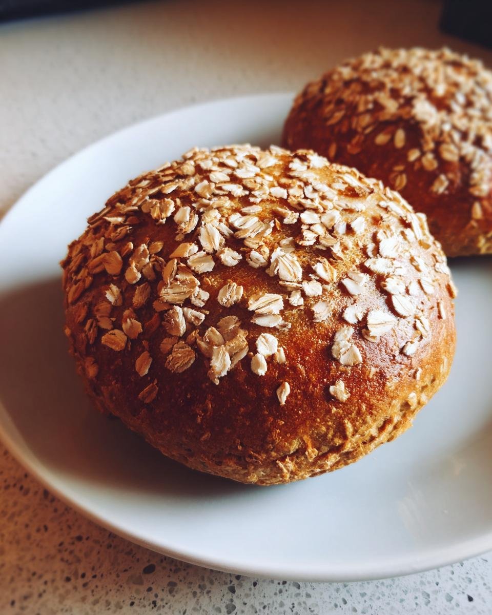 Two freshly baked Homemade Pumpkin Oat Bagels topped generously with rolled oats, resting on a light blue plate.