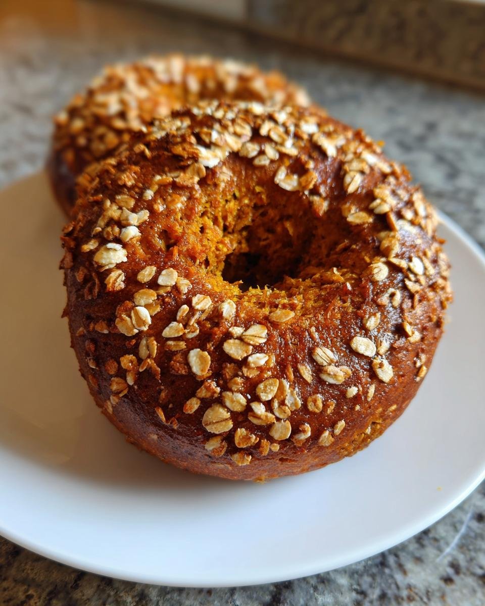 A close-up of a freshly baked Homemade Pumpkin Oat Bagel topped generously with rolled oats, sitting on a white plate.