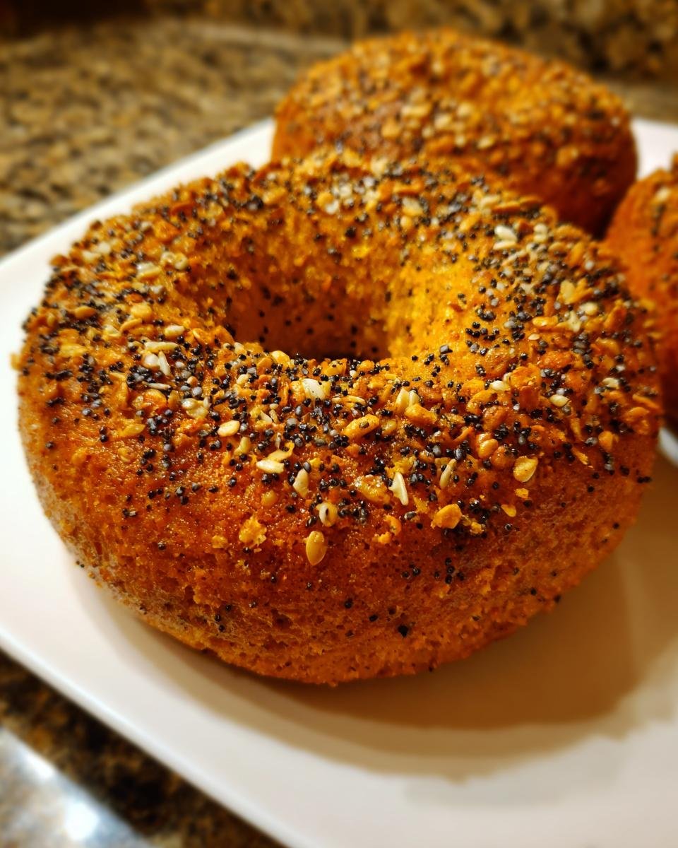 A close-up of a freshly baked Homemade Pumpkin Oat Bagel topped generously with poppy seeds and mixed grains.