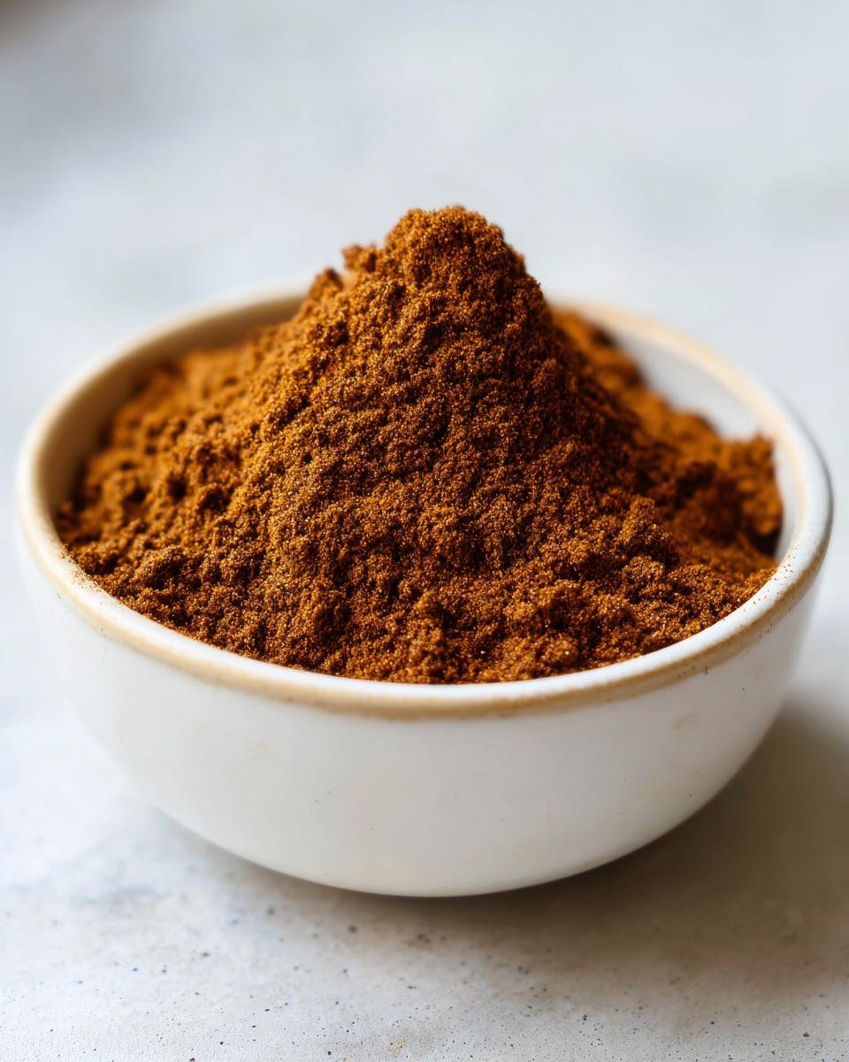 A small white bowl filled high with rich, brown Homemade Pumpkin Pie Spice Blend powder.