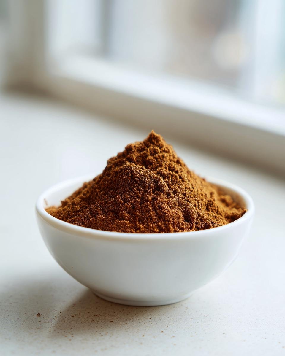 A small white bowl filled with a mound of rich brown Homemade Pumpkin Pie Spice Blend.
