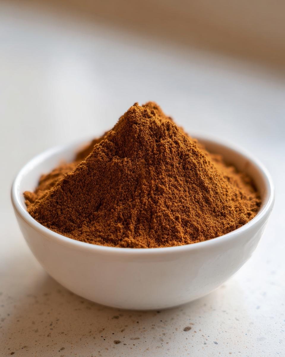 Close-up of a mound of rich brown Homemade Pumpkin Pie Spice Blend in a small white bowl.