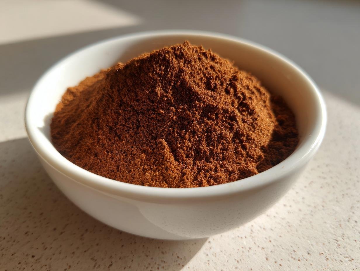 A small white bowl filled high with rich brown Homemade Pumpkin Pie Spice Blend powder.