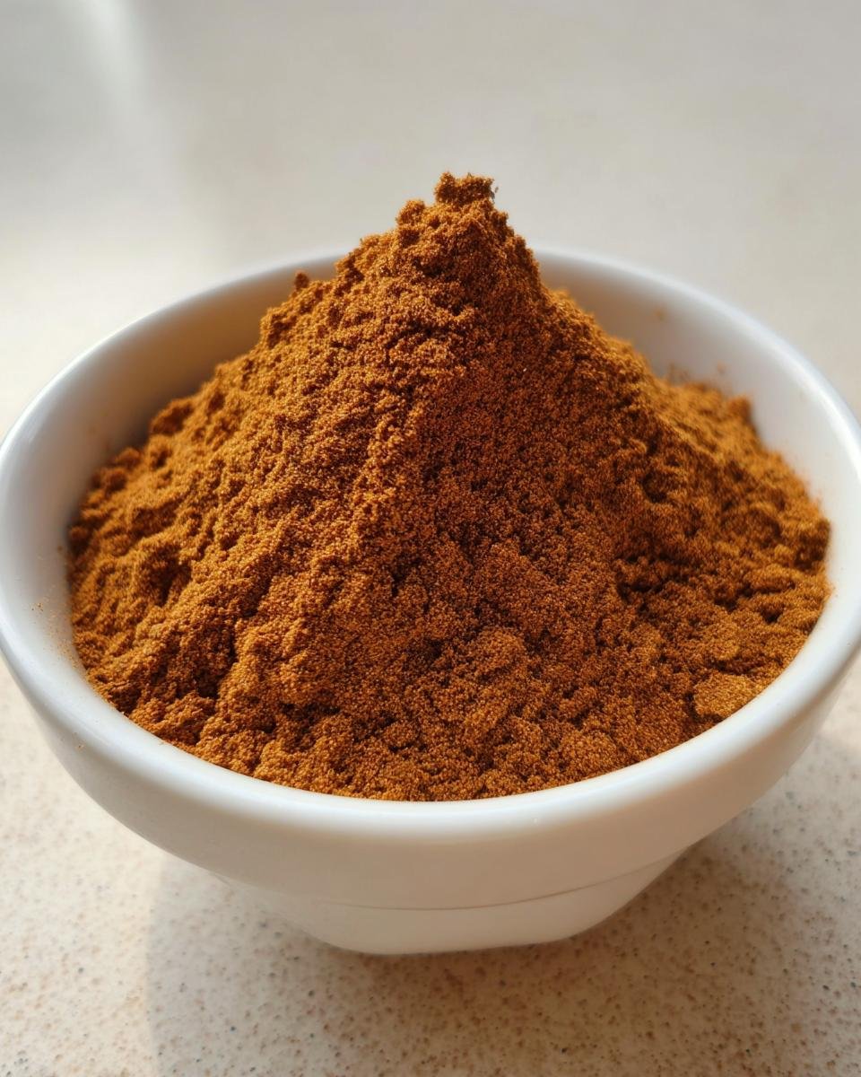 A close-up shot of freshly mixed Homemade Pumpkin Pie Spice Blend piled high in a small white bowl.