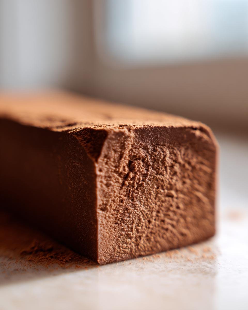A close-up, macro shot showing the rich, velvety texture of a Homemade Vegan Oat Milk Chocolate Bar dusted with cocoa powder.