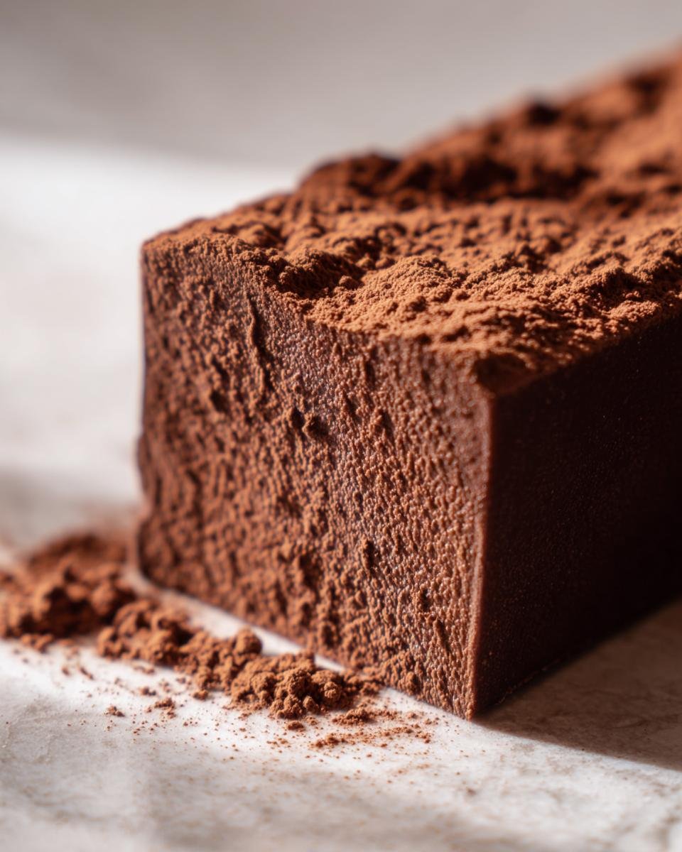 Close-up of a rich, dark Homemade Vegan Oat Milk Chocolate Bar dusted heavily with cocoa powder.