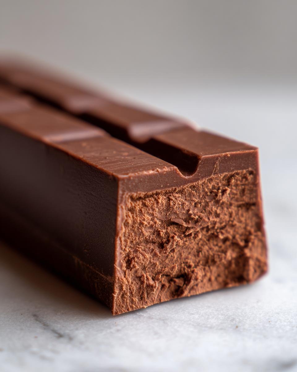 Close-up of a Homemade Vegan Oat Milk Chocolate Bar showing the smooth outer shell and dense, crumbly interior texture.