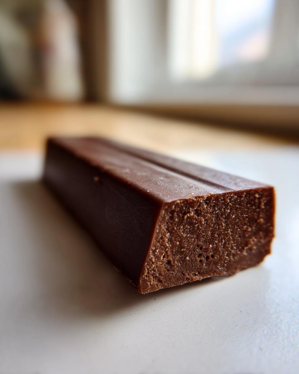 A close-up, cross-section view of a rich brown Homemade Vegan Oat Milk Chocolate Bar resting on a white surface.