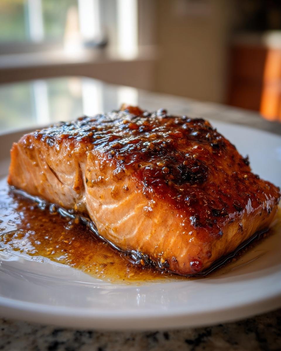 A perfectly cooked fillet of salmon glazed with a shiny, dark honey mustard sauce, served on a white plate.