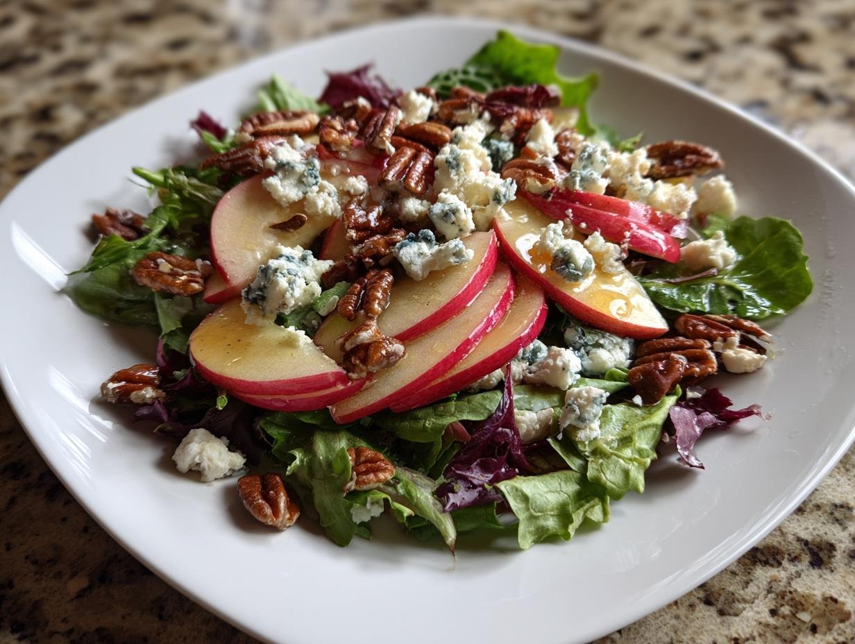 A close-up of a Delightful Autumn Harvest Honeycrisp Apple Salad featuring mixed greens, sliced red apples, pecans, and blue cheese crumbles.