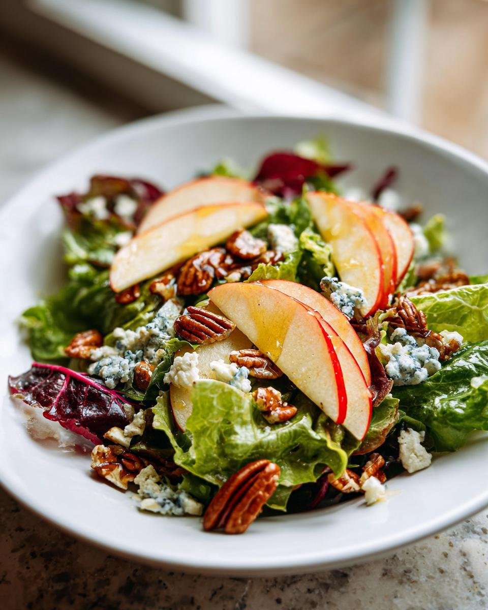 Close-up of a Delightful Autumn Harvest Honeycrisp Apple Salad featuring greens, pecans, blue cheese, and apple slices.