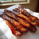 Close-up of five glossy strips of candied bacon sprinkled with pepper, ready to eat.
